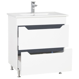 Baza si lavoar ceramic GN0561, mobilier baie stativ 70 cm, front MDF, 2 sertare, glisiere soft close, picioare cromate reglabile, alb antracit - Img 3
