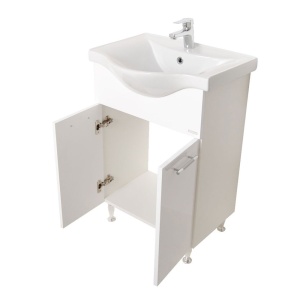 Baza si lavoar ceramic GN1531, mobilier baie stativ 60 cm, front MDF, 2 usi, balamale soft close, picioare cromate reglabile, alb - Img 2