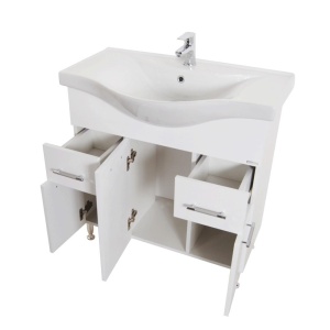Baza si lavoar ceramic GN1531, mobilier baie stativ 80 cm, front MDF, 3 usi, 2 sertare, balamale soft close, picioare cromate reglabile, alb - Img 2