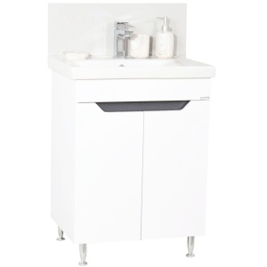 Baza si lavoar ceramic GN7561, mobilier baie stativ 60 cm, circular, front MDF, 2 usi, 1 raft, picioare cromate reglabile, alb antracit