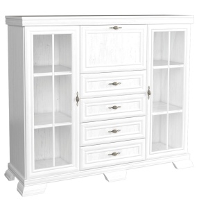 Comoda living cu vitrina VM7, o usa rabatabila pentru bar, 2 usi fixe, 3 sertare, Pal melaminat, cu insertii MDF, Alb Antichizat - Img 3
