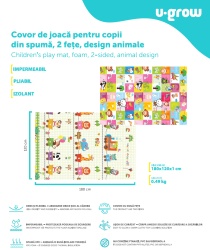 Covor de joaca pentru copii U-Grow, din spuma, pliabil, 2 fete, impermeabil, izolant, 180 x 120 x 1 cm, design animalute - Img 6