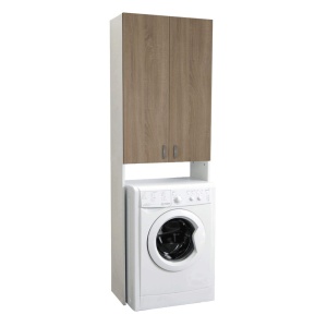 Dulap baie tip coloana pentru masina de spalat, inalt, Pal Melaminat, 2 usi, 3 rafturi, 64x30x195 cm, alb sonoma - Img 3