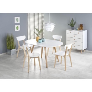 Masa extensibila living si bucatarie HM Ruben, lemn masiv, blat MDF, ovala, 6 persoane, 102-142x102x73 cm, alba - Img 2