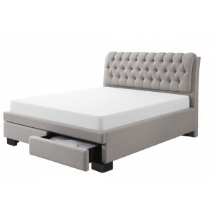 Pat matrimonial Elegant, elemente lemn masiv, sertare, tapitat cu stofa, cu somiera,160x200 cm, bej - Img 3