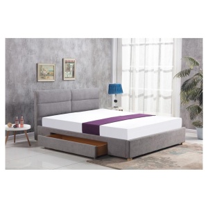 Pat matrimonial, HM Merida, cu sertar, cadru din lemn, somiera inclusa, stofa, 160x200, gri