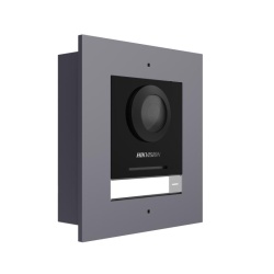 Post exterior modular videointerfon IP Hikvision DS-KD8003-IME1(B)/FL, montaj ingropat, 1 buton, 2000 de utilizatori, autentificare prin card, IP65, alimentare: 12 VDC, 500 mA, IEEE 802.3af, PoE, dimensiuni: 99.76 mm × 98 mm × 42.04 mm, greutate: