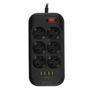Prelungitor cu protectie Serioux, 6 prize schuko, input 100-240V, 50- 60Hz, output (Total): 2500W - 10A, 4 porturi USB, 4 porturi USB (5V- 3.1A) (Auto Max) 17W, Amperaj port USB (max) 3.4A, functie auto ID, antistatic, buton power/off, lungime cablu - Img 1