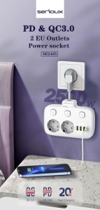 Prelungitor tip priza cu protectie Serioux Quick Charge 3.0, parametri nominali: 2500W-10A(Max) 250V, Intrare: AC100-250V 10A 50/60HZ , Ieșire PD: 5V=3A 9V=2.22A 12V=1.67A 20W (MAX), Ieșire QC: 5V-3A 9V=2A 12V=1.5A 18W (MAX) , Ieșire Auto-ID: 5V-2.4A - Img 3
