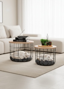 Set 2 masute, cadru metalic, spatiu depozitare tip casa pisici, Negru
