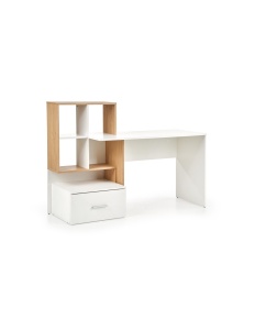 Set birou cu spatii depozitare HM Grosso, rafturi, sertar, PAL melaminat, 149x50x105 cm, stejar auriu alb si scaun copii HM Ibis Paris, Ergonomic, Cadru Cromat, Stofa, 100 Kg, Multicolor - Img 2