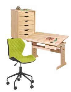 Set birou ergonomic HM Julia inaltime reglabila, unghi inclinare ajustabil, cu scaun HM Matrix negru verde, stofa, 100 kg si dulapior rulant HM Nils, cu roti, lemn, natur