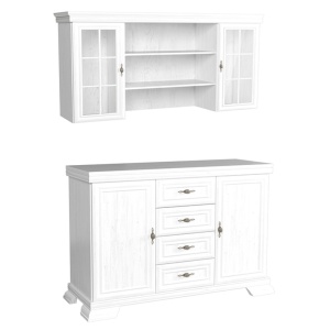 Set comoda living si dormitor, VM3, 4 sertare, 2 usi si vitrina suprapozabila VMN4, 2 usi, 2 polite, Pal melaminat, cu insertii MDF, Alb Antichizat - Img 3