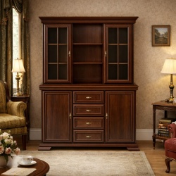 Set comoda living si dormitor, VM3, 4 sertare, 2 usi si vitrina suprapozabila VMN4, 2 usi, 2 polite, Pal melaminat, cu insertii MDF, Nuc - Img 4