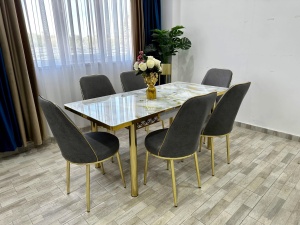 Set masa extensibila cu 6 scaune White Gray Marble – Eleganta si confort pentru casa ta - Img 2