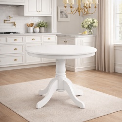 Set masa living rotunda Montreal, lemn masiv, MDF, 90x73.8 cm si 4 scaune Hudson, tapiterie stofa,100 kg, 94x50x42 cm, alb gri - Img 2