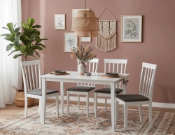 Set masa living si bucatarie Bali, MDF, 112x72x74 cm si 4 scaune Houston, lemn masiv, tapiterie stofa, 100 kg, alb