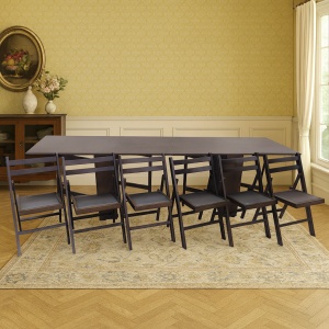 Set masa plianta 12 persoane, Pal Melaminat, insertii lemn masiv, 274x75x78 cm si 6 scaune pliante, tapiterie piele ecologica, wenge