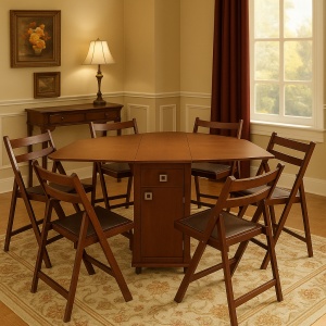 Set masa plianta cu spatiu depozitare, usa si sertar, Pal Melaminat, 160x96x80 cm si 6 scaune pliante lemn, tapitate cu piele ecologica, wenge