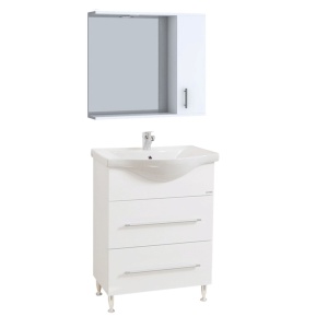 Set mobilier baie cu lavoar ceramic, GN1871, front MDF, un sertar, o usa, 65 cm, picioare cromate reglabile, manere cromate si oglinda cu dulap GN0001, PAL, iluminare led, 2 rafturi, alb