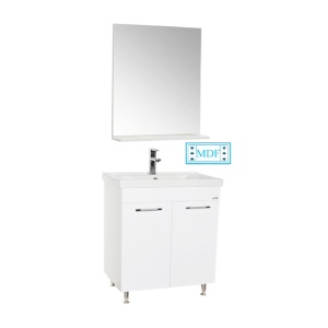 Set mobilier baie GN0541, front MDF, cu lavoar ceramic, 60 cm, 2 usi, 2 rafturi, picioare cromate reglabile, balamale soft close si oglinda cu polita GN0551, dreptunghiulara, PAL, alb
