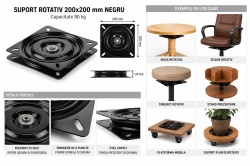 Suport Rotativ 150x150 mm Negru, Capacitate 80 kg - Placa Rotativa cu Rulment pentru Mese si Scaune - Img 2