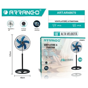 Ventilator 75W cu 3 viteze, 5 pale metalice, diametru 48 cm, inaltime reglabila pana la 125 cm - Img 2