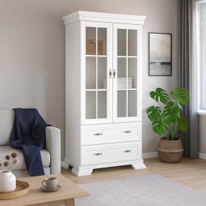 Vitrina living VMW2, 2 usi, 2 sertare, Pal melaminat, cu insertii MDF, Alb Antichizat