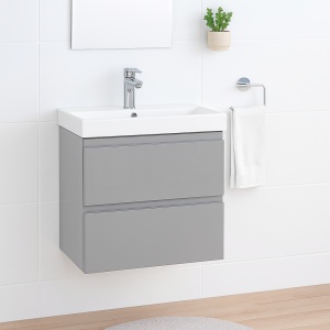 Baza si lavoar ceramic CS9741, mobilier baie suspendat 80 cm, dreptunghiular, front MDF, 2 sertare, glisiere soft close, gri - Img 3