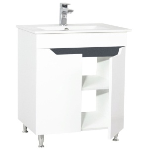Baza si lavoar ceramic GN0561, mobilier baie stativ 70 cm, front MDF, 2 usi, picioare cromate reglabile, alb antracit - Img 3