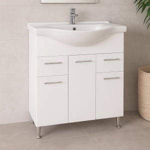 Baza si lavoar ceramic GN1531, mobilier baie stativ 75 cm, front MDF, 2 usi, 3 sertare, balamale soft close, picioare cromate reglabile, alb - Img 2