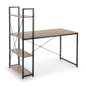 Birou cu rafturi HM Narvik B1, industrial, cadru metalic, PAL melaminat, 120x64x120 cm, stejar sonoma negru