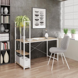 Birou cu rafturi HM Narvik B1, industrial, cadru metalic, PAL melaminat, 120x64x120 cm, stejar sonoma - alb - Img 2