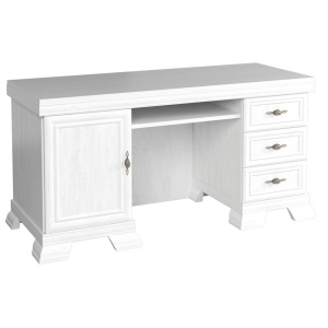 Birou VMB, clasic, 3 sertare, usa, polita tastatura, Pal Melaminat, insertii MDF, Alb Antichizat - Img 2