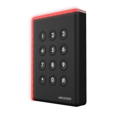 Cititor card cu tastatura Hikvision DS-K1108AEK, citeste carduri EM 125 KHz, distanta citire: ≤ 50 mm, comunicare: RS-485, Wiegand (W26, W34) protocol si OSDP protocol, indicator LED de stare si alimentare, tamper, buzzer, alimentare: 12 VDC, IP65,