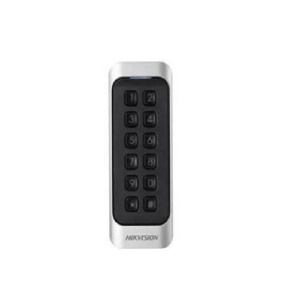 Cititor de card cu tastatura Hikvision DS-K1107AEK, citeste carduri cu frecventa de 125 KHz, distanta citire: <= 50 mm, RS-485, Wiegand (W26/W34) protocol si protocol OSDP, indicator de stare si alimentare, buzzer incorporat, tamper, alimentare 12VDC,