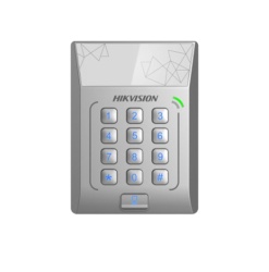 Cititor standalone cu tastatura si card de proximitate Hikvision DS- K1T801E; suporta cartele EM 125Khz; Capacitate 3000 cartele,Autentificare: card sau card si parola; Intrari: buton de iesire x1,contact de usa x 1; Iesiri: sonerie x1, incuietoare