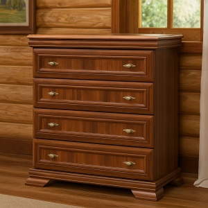 Comoda dormitor VM2, Pal Melaminat, cu 4 sertare, cu elemente din MDF, Nuc