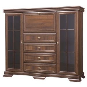 Comoda living cu vitrina VM7, o usa rabatabila pentru bar, 2 usi fixe, 3 sertare, Pal melaminat, cu insertii MDF, Nuc - Img 3