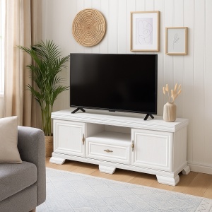 Comoda living VMT2, Pal Melaminat, cu 2 usi, sertar, cu elemente din MDF, Alb Antichizat