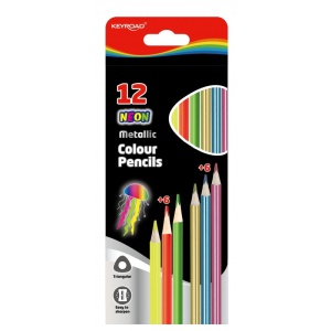 Creioane colorate, 12 culori, 6 neon, 6 metalice, triunghiulare