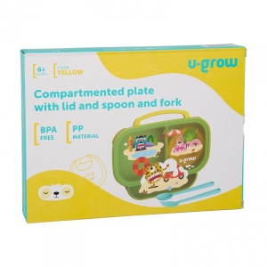 Farfurie compartimentata cu capac si lingurita si furculita, galbena, U-Grow - Img 6