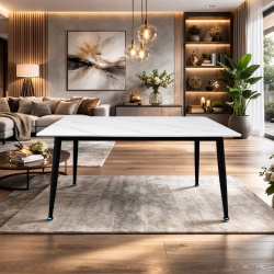 Masa living si bucatarie Lineo FDT1 blat ceramica cadru metalic 6 persoane 140x80x75 cm alb/gri
