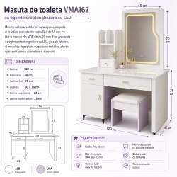 Masuta de toaleta VMA162 cu oglinda LED dreptunghiulara, front MDF, 100 cm, alb lila - Img 3