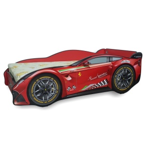 Pat pentru copii Ferrari Car, Pal melaminat, margini rotunjite PVC, 2-12 ani, 170x84x55 cm, rosu