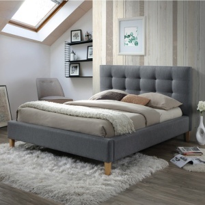Pat SL Texas, dublu, cu somiera inclusa, tapitat cu stofa, lemn masiv, 140x200, gri