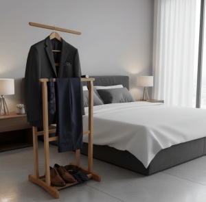 Portmantou suport haine, tip valet, dublu, din lemn masiv, 102 cm, fag - Img 2