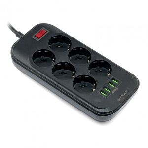 Prelungitor cu protectie Serioux, 6 prize schuko, input 100-240V, 50- 60Hz, output (Total): 2500W - 10A, 4 porturi USB, 4 porturi USB (5V- 3.1A) (Auto Max) 17W, Amperaj port USB (max) 3.4A, functie auto ID, antistatic, buton power/off, lungime cablu - Img 2