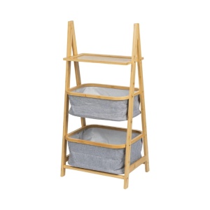 Raft depozitare si organizare KL6553, cu 3 nivele, sertare textile, lemn, multifunctional, natur gri