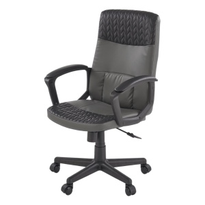 Scaun birou HM Bjorn, piele ecologica, mecanism balans, suport lombar, cotiere tapitate, 90 kg, gri negru